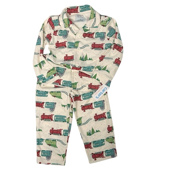 🆕 Carter’s Just One You Soft Fleece Pajama Set Christmas Trains Trees Cosy Sz 2T - Picture 2 of 6
